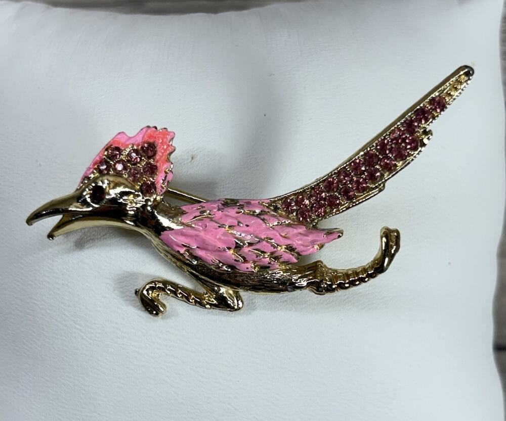 Vintage Roadrunner Bird Brooch Pink Rhinestone Gold Tone Desert Pin 2.5"